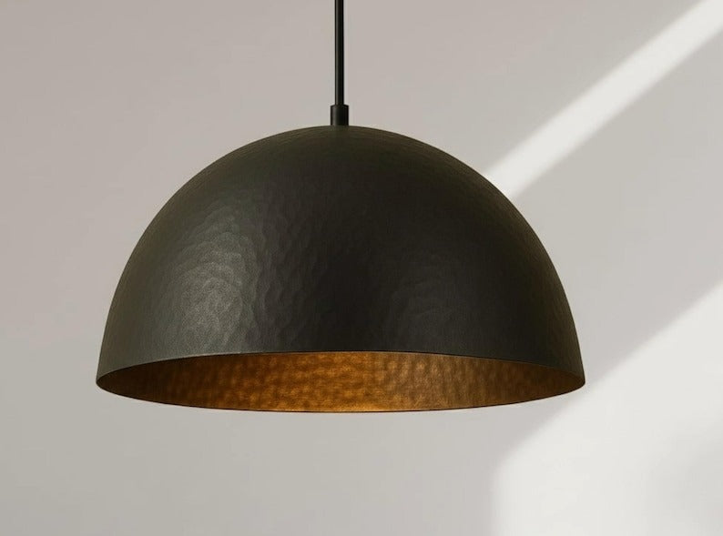 Handmade Black Hammered Brass Pendant Light – Moroccan Dome Hanging Lamp with Warm Brass Interior for Kitchen Island, Dining Room & Modern Boho Decor