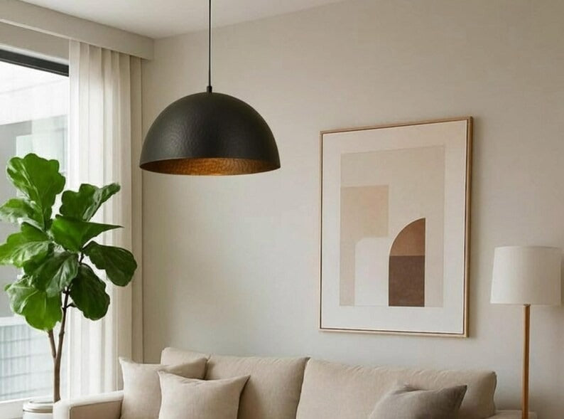 Handmade Black Hammered Brass Pendant Light – Moroccan Dome Hanging Lamp with Warm Brass Interior for Kitchen Island, Dining Room & Modern Boho Decor