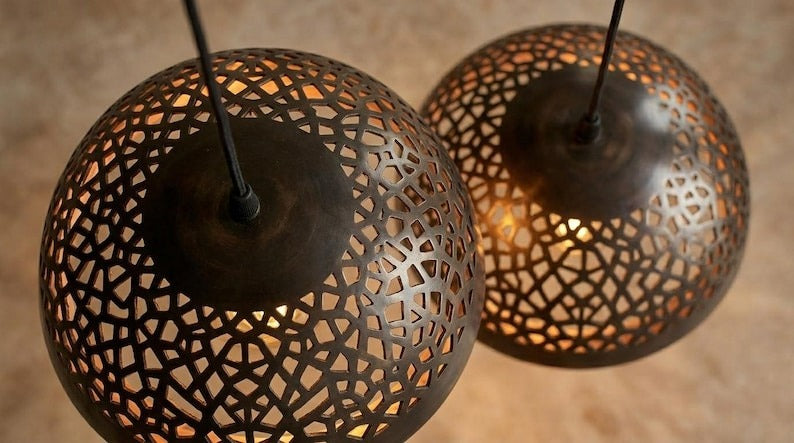 Handmade Moroccan Brass Pendant Light – Black Pierced Dome Ceiling Lamp with Warm Copper Interior, Moorish Kitchen Island Fixture