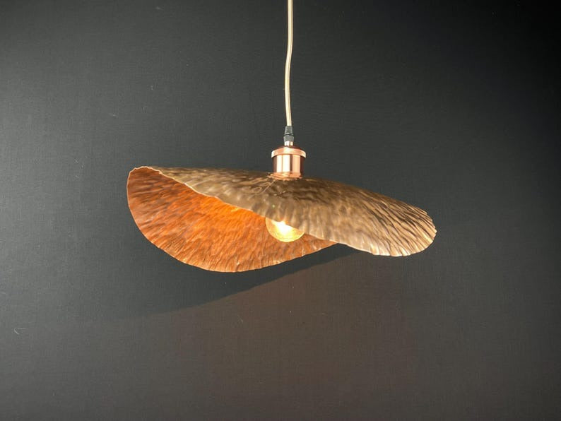 Handmade Moroccan Brass Pendant Light – Sculptural Hammered Wave Ceiling Lamp with Antique Copper Finish and Organic Floating Shade Design