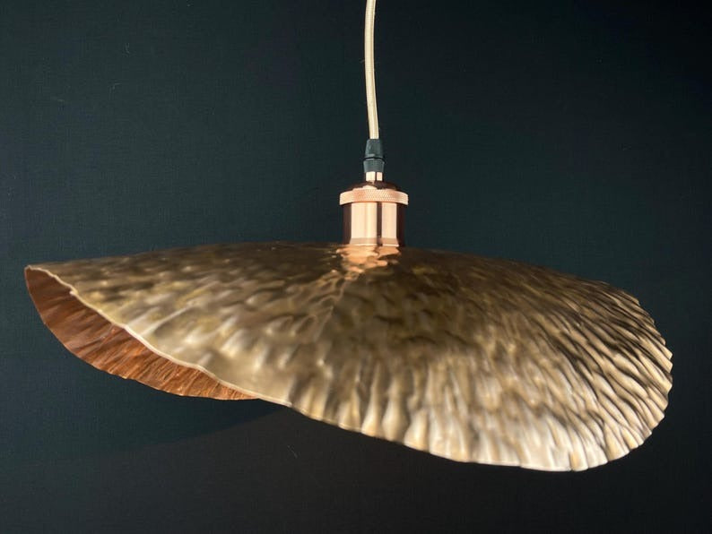Handmade Moroccan Brass Pendant Light – Sculptural Hammered Wave Ceiling Lamp with Antique Copper Finish and Organic Floating Shade Design