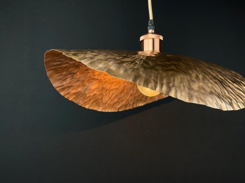 Handmade Moroccan Brass Pendant Light – Sculptural Hammered Wave Ceiling Lamp with Antique Copper Finish and Organic Floating Shade Design