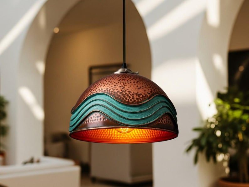 Hammered Copper Dome Pendant Light, Handmade Moroccan Turquoise Wave Chandelier, Green Patina Copper Kitchen Island Hanging Lamp, Rustic Boho Farmhouse Ceiling Light Fixture