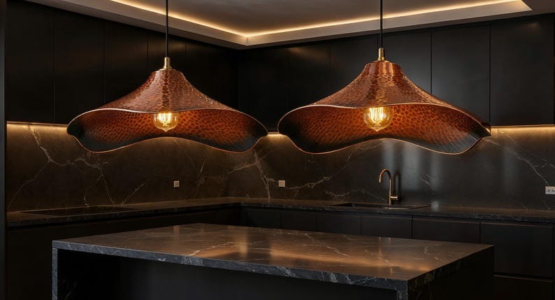 Hammered Brass Wave Pendant Light – Sculptural Copper Moroccan Dining Table & Kitchen Island Chandelier