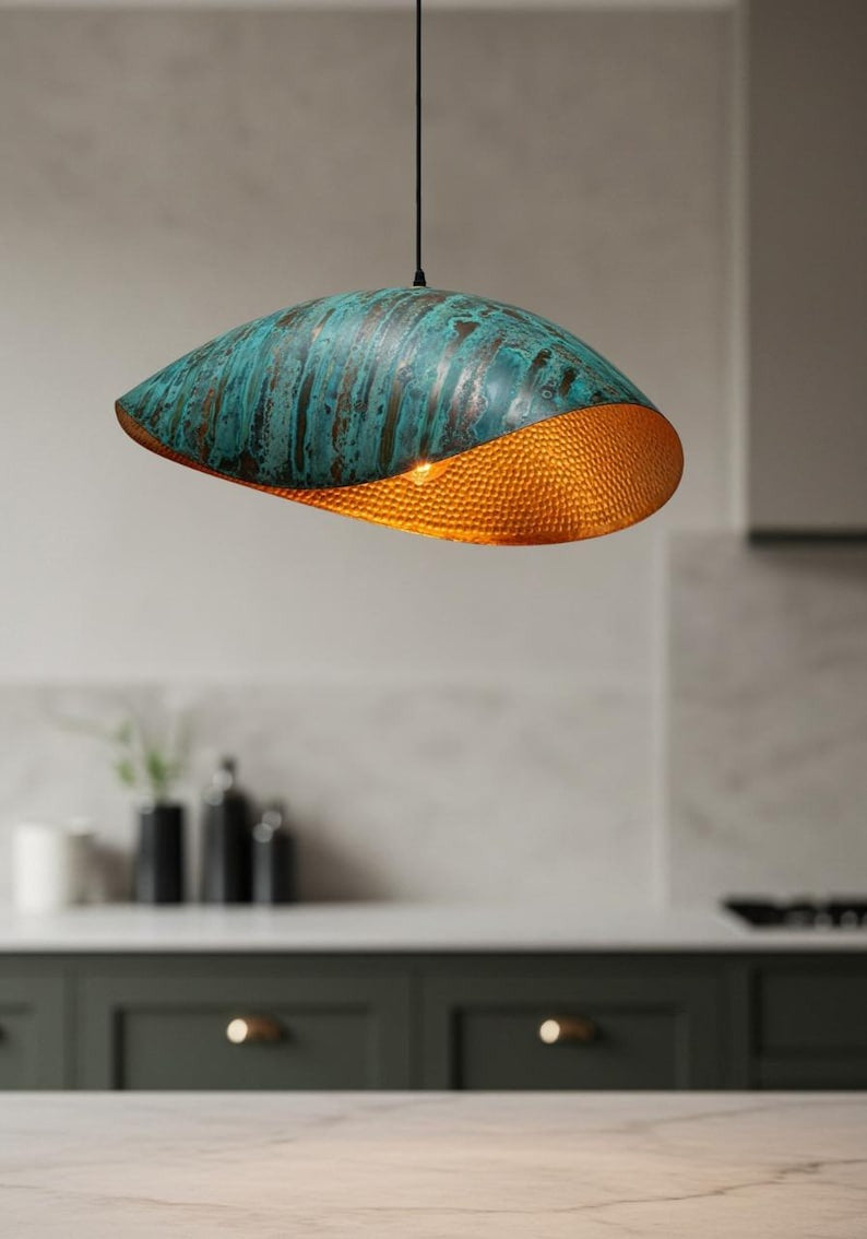 Verdigris Brass Wave Pendant Light – Hammered Copper Interior Kitchen Island Chandelier