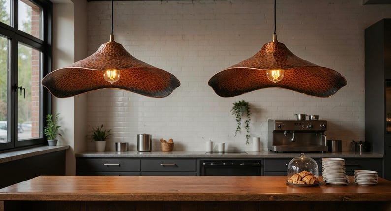 Hammered Brass Wave Pendant Light – Sculptural Copper Moroccan Dining Table & Kitchen Island Chandelier