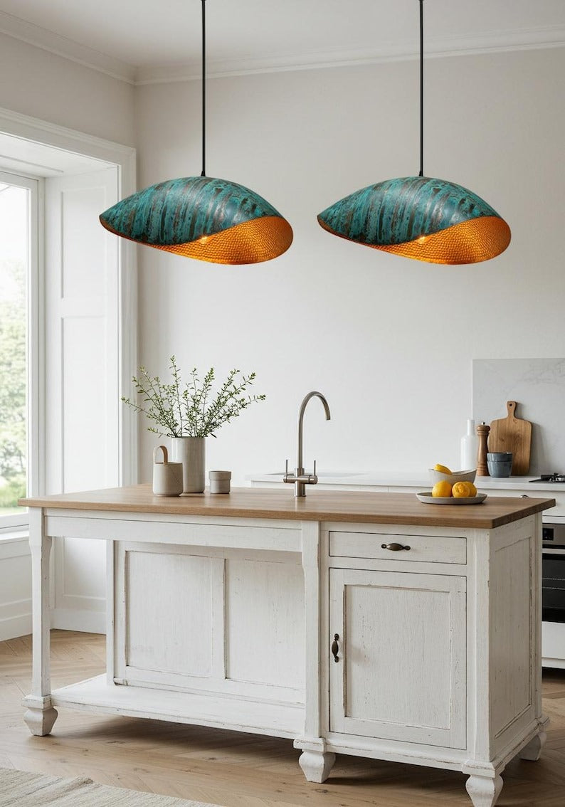 Verdigris Brass Wave Pendant Light – Hammered Copper Interior Kitchen Island Chandelier