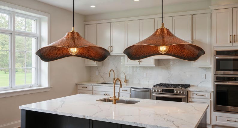Hammered Brass Wave Pendant Light – Sculptural Copper Moroccan Dining Table & Kitchen Island Chandelier