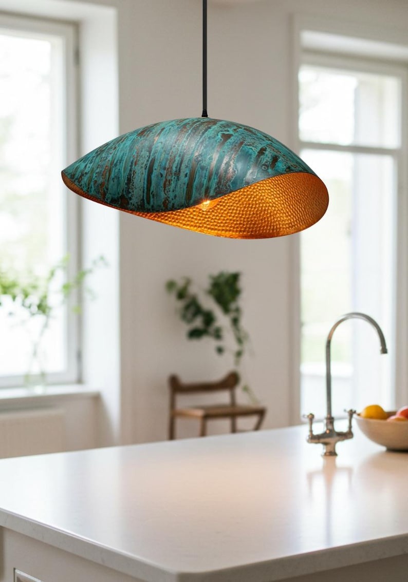 Verdigris Brass Wave Pendant Light – Hammered Copper Interior Kitchen Island Chandelier