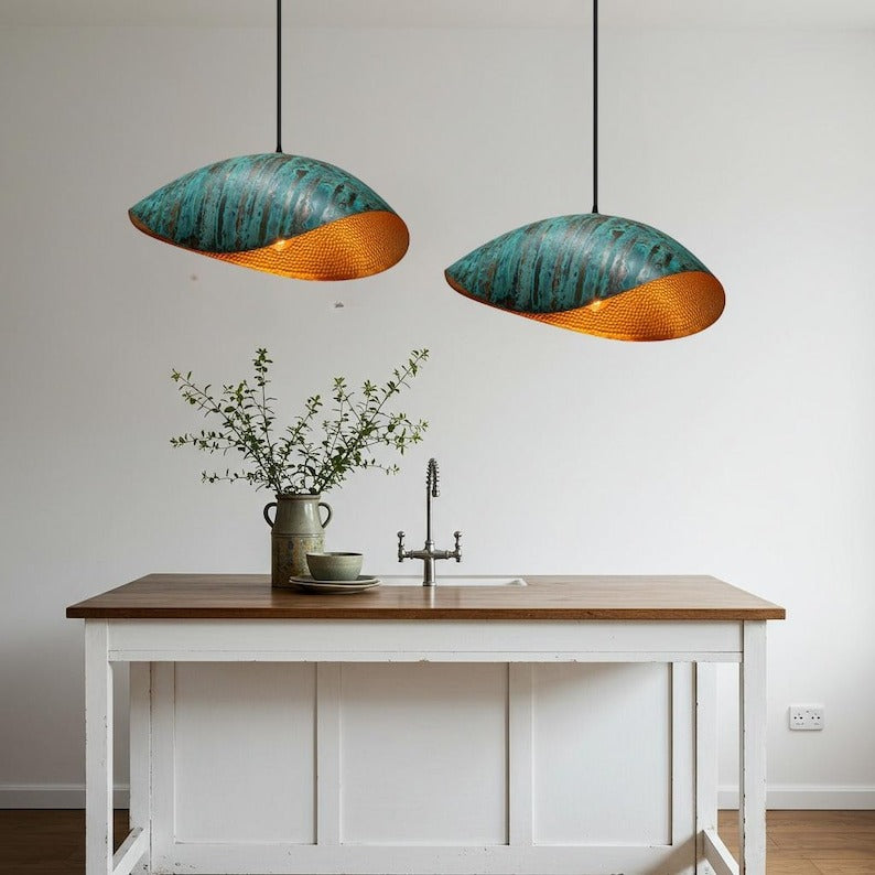 Verdigris Brass Wave Pendant Light – Hammered Copper Interior Kitchen Island Chandelier