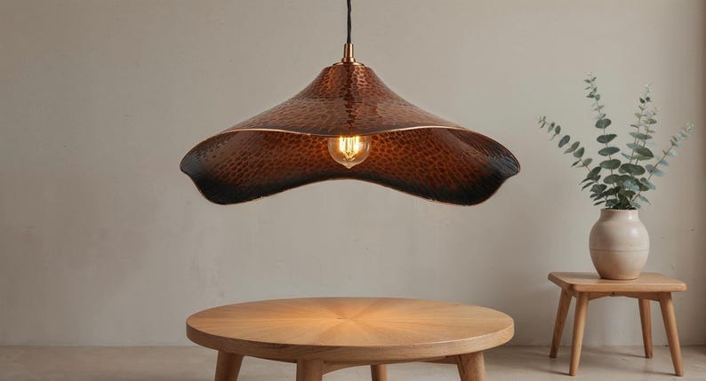 Hammered Brass Wave Pendant Light – Sculptural Copper Moroccan Dining Table & Kitchen Island Chandelier