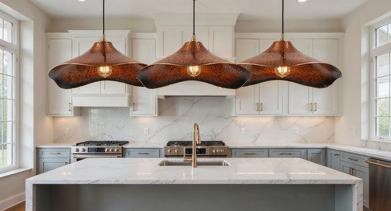 Hammered Brass Wave Pendant Light – Sculptural Copper Moroccan Dining Table & Kitchen Island Chandelier