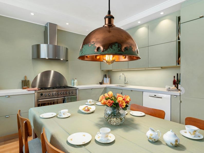Rustic Copper Patina Pendant Light, Handmade Hammered Dome Kitchen Island Lamp, Vintage Farmhouse Ceiling Chandelier