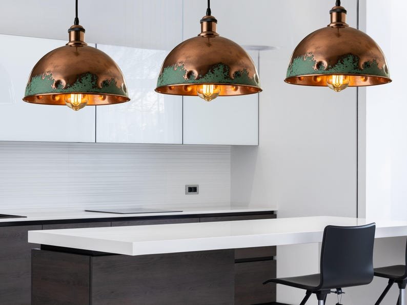 Rustic Copper Patina Pendant Light, Handmade Hammered Dome Kitchen Island Lamp, Vintage Farmhouse Ceiling Chandelier