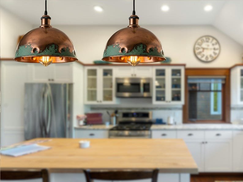 Rustic Copper Patina Pendant Light, Handmade Hammered Dome Kitchen Island Lamp, Vintage Farmhouse Ceiling Chandelier