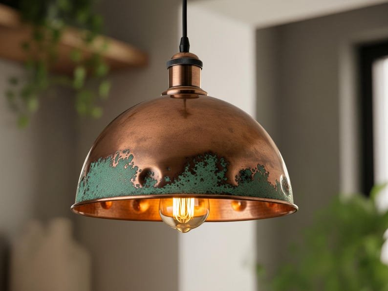 Rustic Copper Patina Pendant Light, Handmade Hammered Dome Kitchen Island Lamp, Vintage Farmhouse Ceiling Chandelier