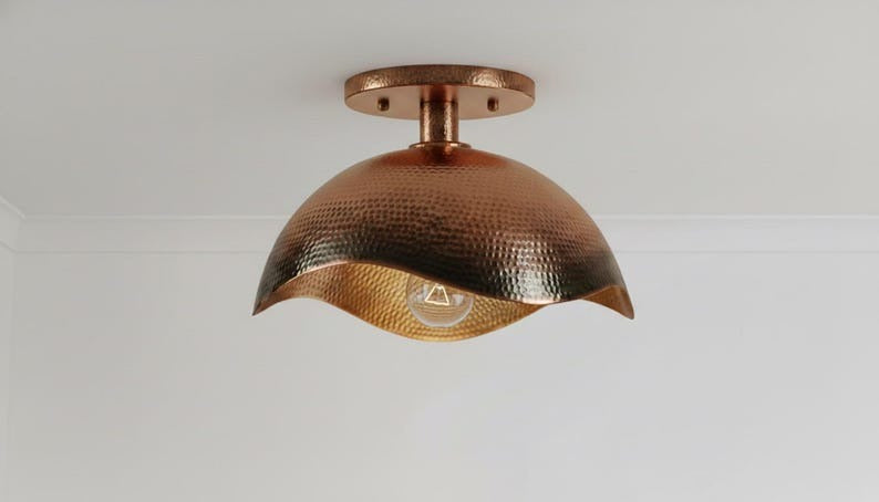 Handmade Moroccan Brass Semi-Flush Mount Ceiling Light – Hammered Antique Copper Dome Fixture with Sculpted Wavy Edge