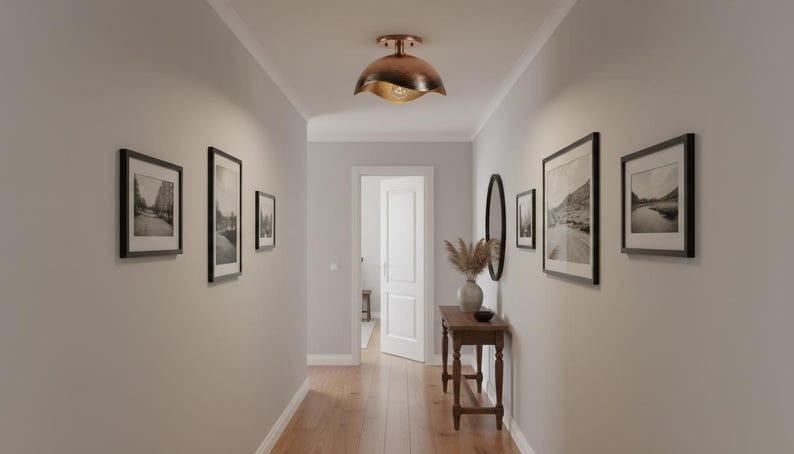 Handmade Moroccan Brass Semi-Flush Mount Ceiling Light – Hammered Antique Copper Dome Fixture with Sculpted Wavy Edge