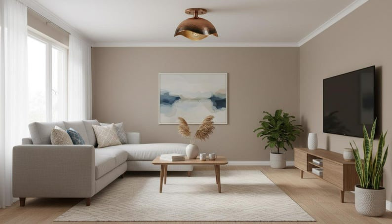 Handmade Moroccan Brass Semi-Flush Mount Ceiling Light – Hammered Antique Copper Dome Fixture with Sculpted Wavy Edge