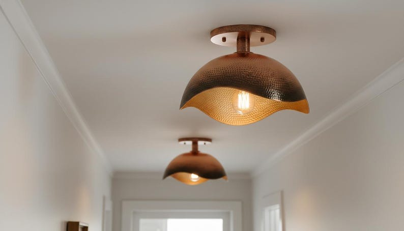 Handmade Moroccan Brass Semi-Flush Mount Ceiling Light – Hammered Antique Copper Dome Fixture with Sculpted Wavy Edge