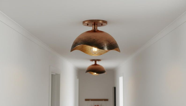 Handmade Moroccan Brass Semi-Flush Mount Ceiling Light – Hammered Antique Copper Dome Fixture with Sculpted Wavy Edge