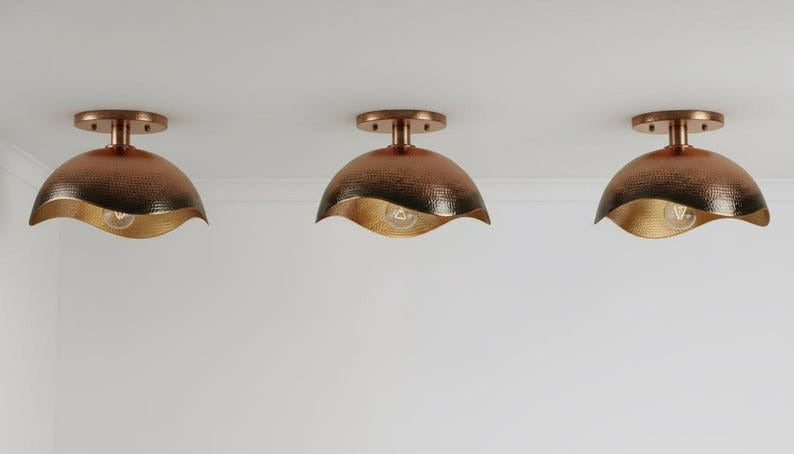 Handmade Moroccan Brass Semi-Flush Mount Ceiling Light – Hammered Antique Copper Dome Fixture with Sculpted Wavy Edge