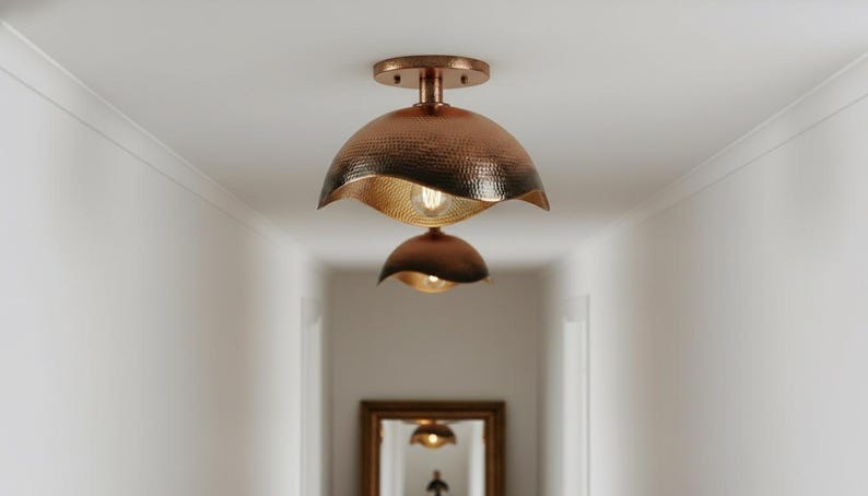 Handmade Moroccan Brass Semi-Flush Mount Ceiling Light – Hammered Antique Copper Dome Fixture with Sculpted Wavy Edge
