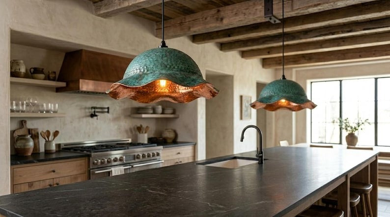 Handmade Moroccan Brass Pendant Light – Green Verdigris Flower Dome with Hammered Copper Interior and Wavy Scalloped Edge