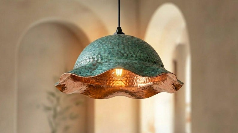 Handmade Moroccan Brass Pendant Light – Green Verdigris Flower Dome with Hammered Copper Interior and Wavy Scalloped Edge