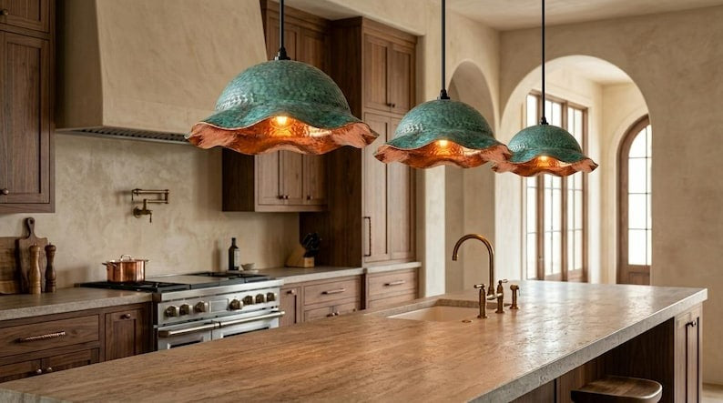 Handmade Moroccan Brass Pendant Light – Green Verdigris Flower Dome with Hammered Copper Interior and Wavy Scalloped Edge