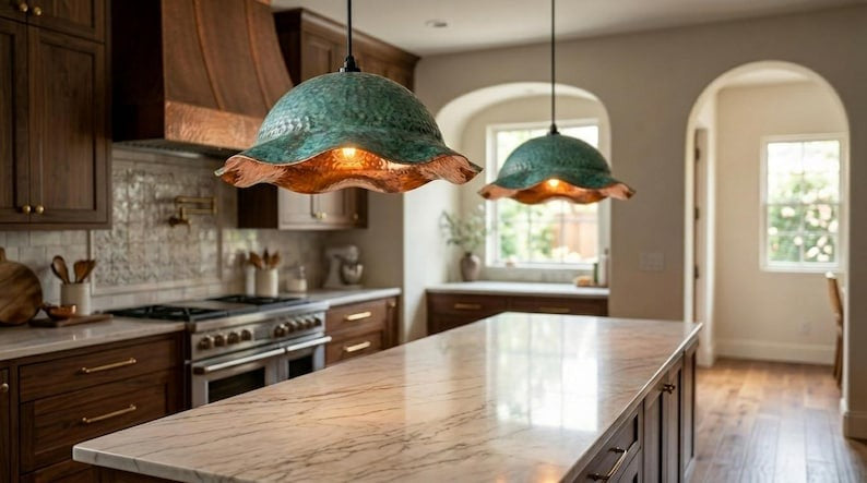 Handmade Moroccan Brass Pendant Light – Green Verdigris Flower Dome with Hammered Copper Interior and Wavy Scalloped Edge