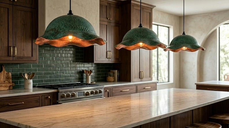 Handmade Moroccan Brass Pendant Light – Green Verdigris Flower Dome with Hammered Copper Interior and Wavy Scalloped Edge