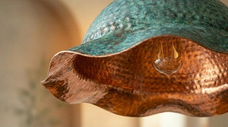 Handmade Moroccan Brass Pendant Light – Green Verdigris Flower Dome with Hammered Copper Interior and Wavy Scalloped Edge