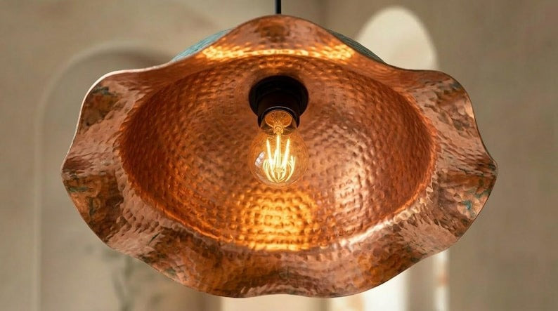 Handmade Moroccan Brass Pendant Light – Green Verdigris Flower Dome with Hammered Copper Interior and Wavy Scalloped Edge