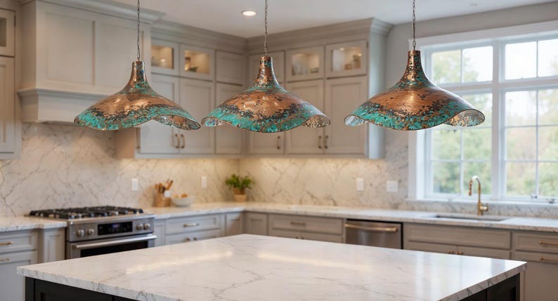 Wavy Green Patina Copper Pendant Light, Handmade Moroccan Sculptural Verdigris Kitchen Island Chandelier, Rustic Boho Farmhouse Hanging Ceiling Light Fixture
