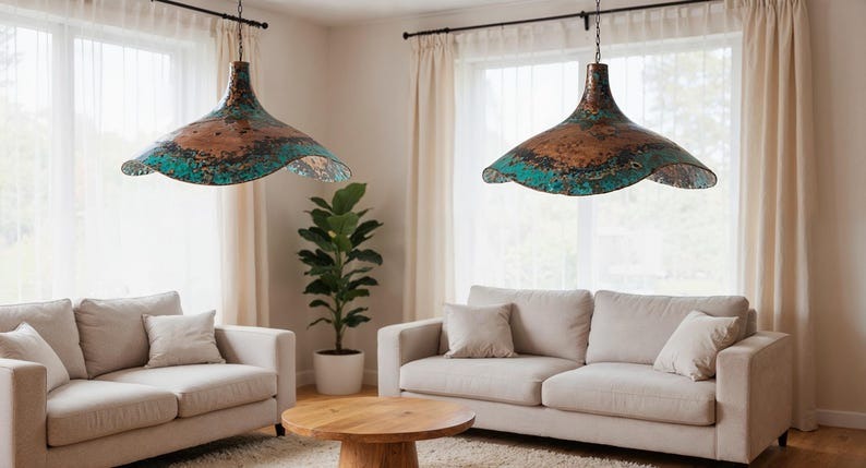 Wavy Green Patina Copper Pendant Light, Handmade Moroccan Sculptural Verdigris Kitchen Island Chandelier, Rustic Boho Farmhouse Hanging Ceiling Light Fixture