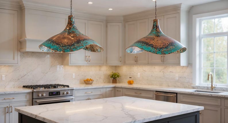 Wavy Green Patina Copper Pendant Light, Handmade Moroccan Sculptural Verdigris Kitchen Island Chandelier, Rustic Boho Farmhouse Hanging Ceiling Light Fixture