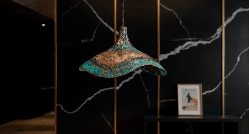 Wavy Green Patina Copper Pendant Light, Handmade Moroccan Sculptural Verdigris Kitchen Island Chandelier, Rustic Boho Farmhouse Hanging Ceiling Light Fixture