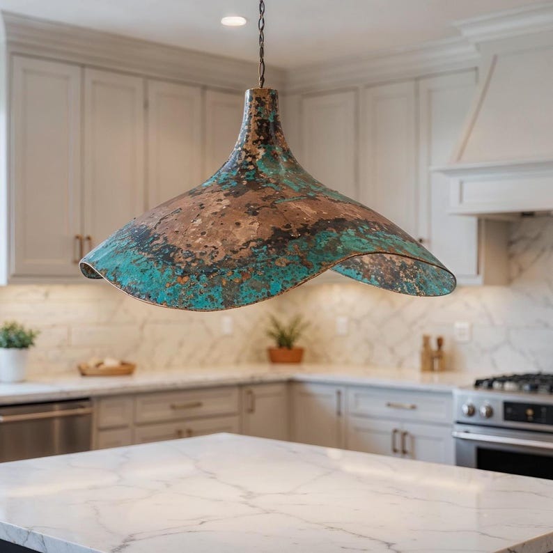 Wavy Green Patina Copper Pendant Light, Handmade Moroccan Sculptural Verdigris Kitchen Island Chandelier, Rustic Boho Farmhouse Hanging Ceiling Light Fixture