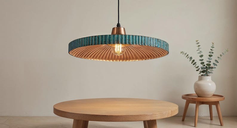 Wide Blue Patina Copper Disc Pendant Light, Handmade Moroccan Ribbed Copper Chandelier, Rustic Kitchen Island Hanging Lamp, Boho Farmhouse Dining Room Ceiling Light Fixture
