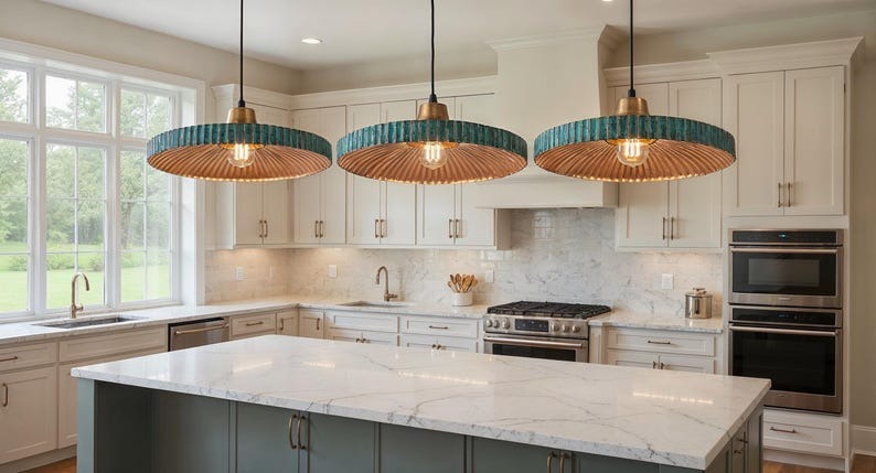 Wide Blue Patina Copper Disc Pendant Light, Handmade Moroccan Ribbed Copper Chandelier, Rustic Kitchen Island Hanging Lamp, Boho Farmhouse Dining Room Ceiling Light Fixture