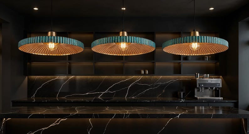 Wide Blue Patina Copper Disc Pendant Light, Handmade Moroccan Ribbed Copper Chandelier, Rustic Kitchen Island Hanging Lamp, Boho Farmhouse Dining Room Ceiling Light Fixture
