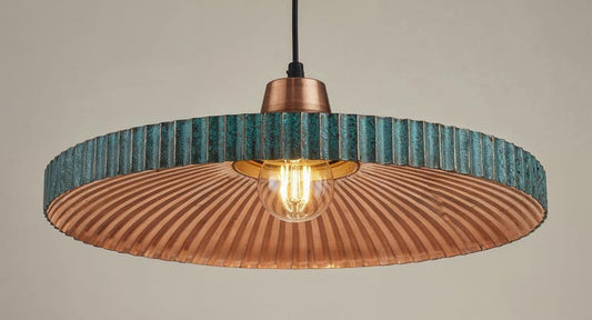 Wide Blue Patina Copper Disc Pendant Light, Handmade Moroccan Ribbed Copper Chandelier, Rustic Kitchen Island Hanging Lamp, Boho Farmhouse Dining Room Ceiling Light Fixture