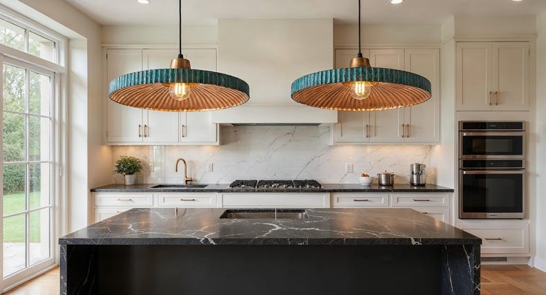 Wide Blue Patina Copper Disc Pendant Light, Handmade Moroccan Ribbed Copper Chandelier, Rustic Kitchen Island Hanging Lamp, Boho Farmhouse Dining Room Ceiling Light Fixture