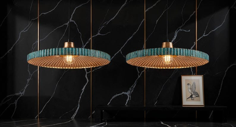 Wide Blue Patina Copper Disc Pendant Light, Handmade Moroccan Ribbed Copper Chandelier, Rustic Kitchen Island Hanging Lamp, Boho Farmhouse Dining Room Ceiling Light Fixture