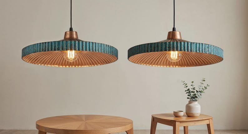 Wide Blue Patina Copper Disc Pendant Light, Handmade Moroccan Ribbed Copper Chandelier, Rustic Kitchen Island Hanging Lamp, Boho Farmhouse Dining Room Ceiling Light Fixture