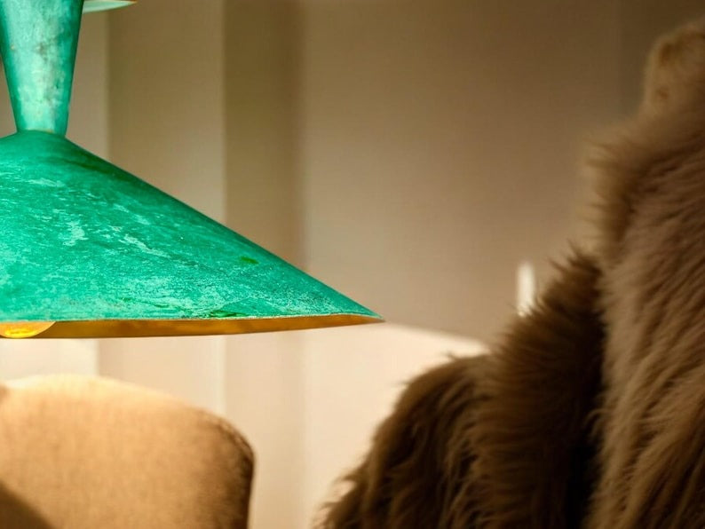 Handmade Moroccan Brass Pendant Light – Wide Green Verdigris Cone Ceiling Lamp with Antique Patina and Modern Kitchen Island Design