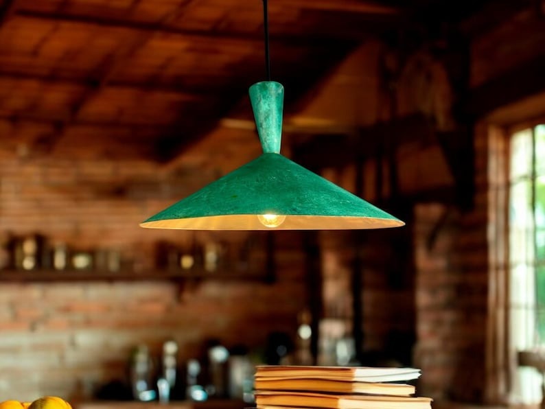 Handmade Moroccan Brass Pendant Light – Wide Green Verdigris Cone Ceiling Lamp with Antique Patina and Modern Kitchen Island Design