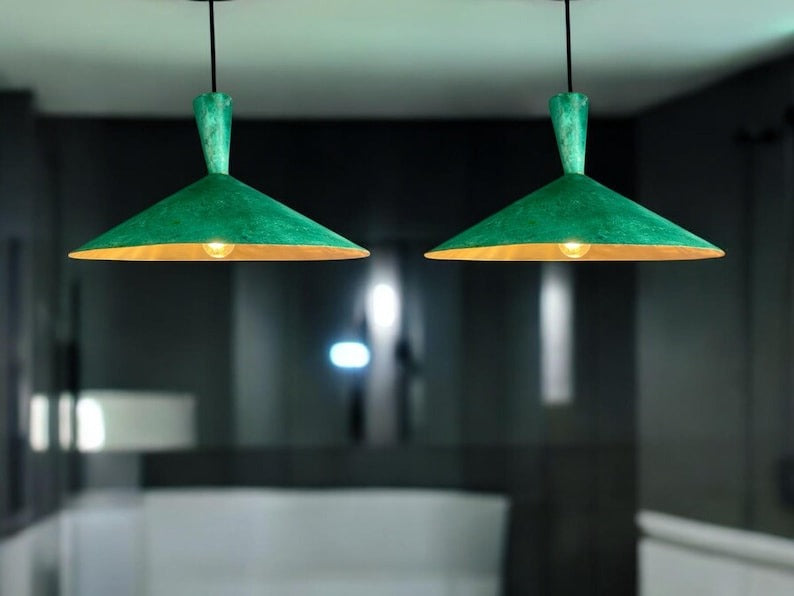 Handmade Moroccan Brass Pendant Light – Wide Green Verdigris Cone Ceiling Lamp with Antique Patina and Modern Kitchen Island Design