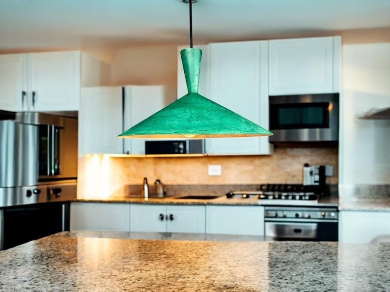 Handmade Moroccan Brass Pendant Light – Wide Green Verdigris Cone Ceiling Lamp with Antique Patina and Modern Kitchen Island Design